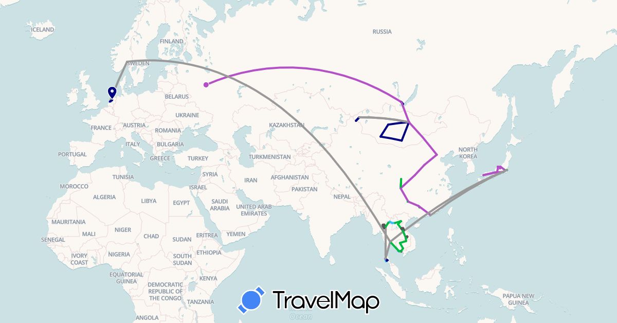 TravelMap itinerary: driving, bus, plane, train, boat, motorbike in China, Hong Kong, Japan, Cambodia, Laos, Mongolia, Netherlands, Norway, Russia, Thailand (Asia, Europe)